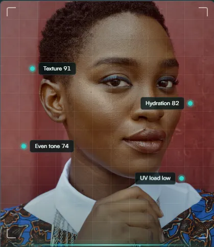 Facial biomarker analysis overlaid on a patient photo — texture, hydration, even tone, and UV load scores