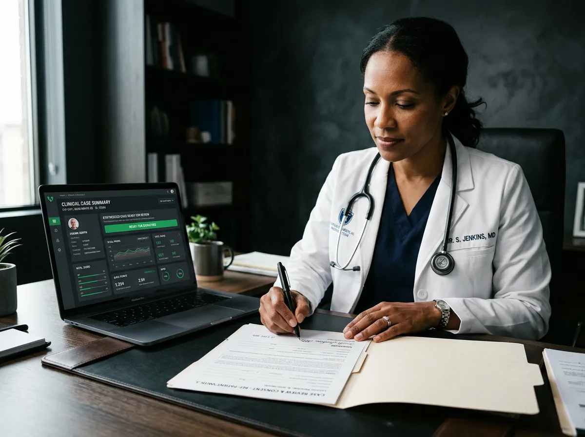 Physician reviewing a clinical case summary