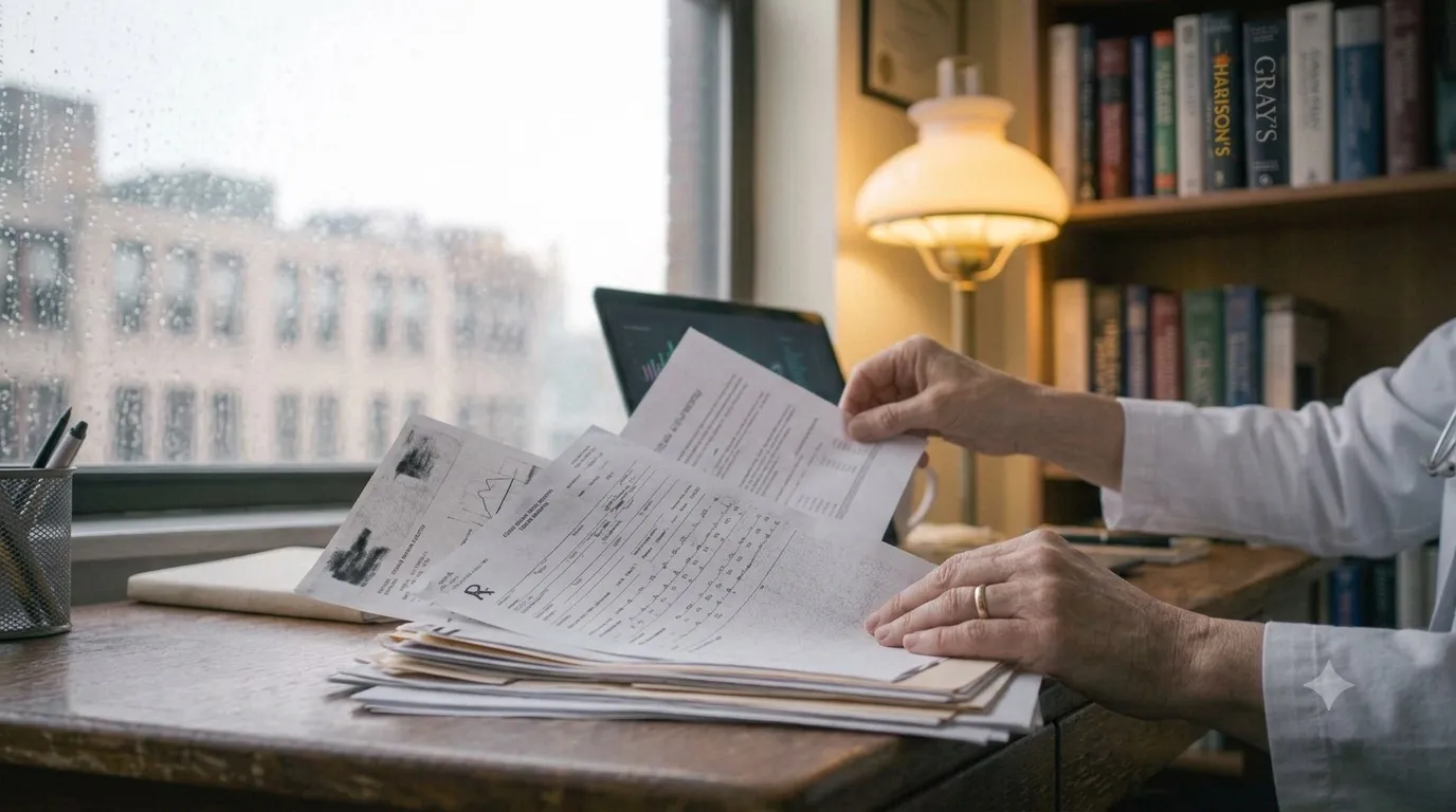 A physician paging through a stack of paper medical records at a desk