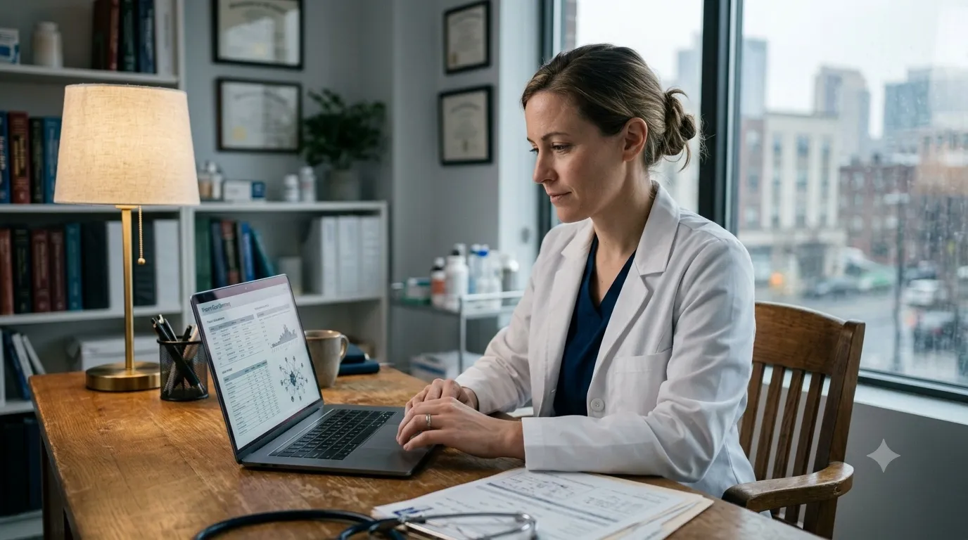 A physician reviewing a prepared case package at her workstation