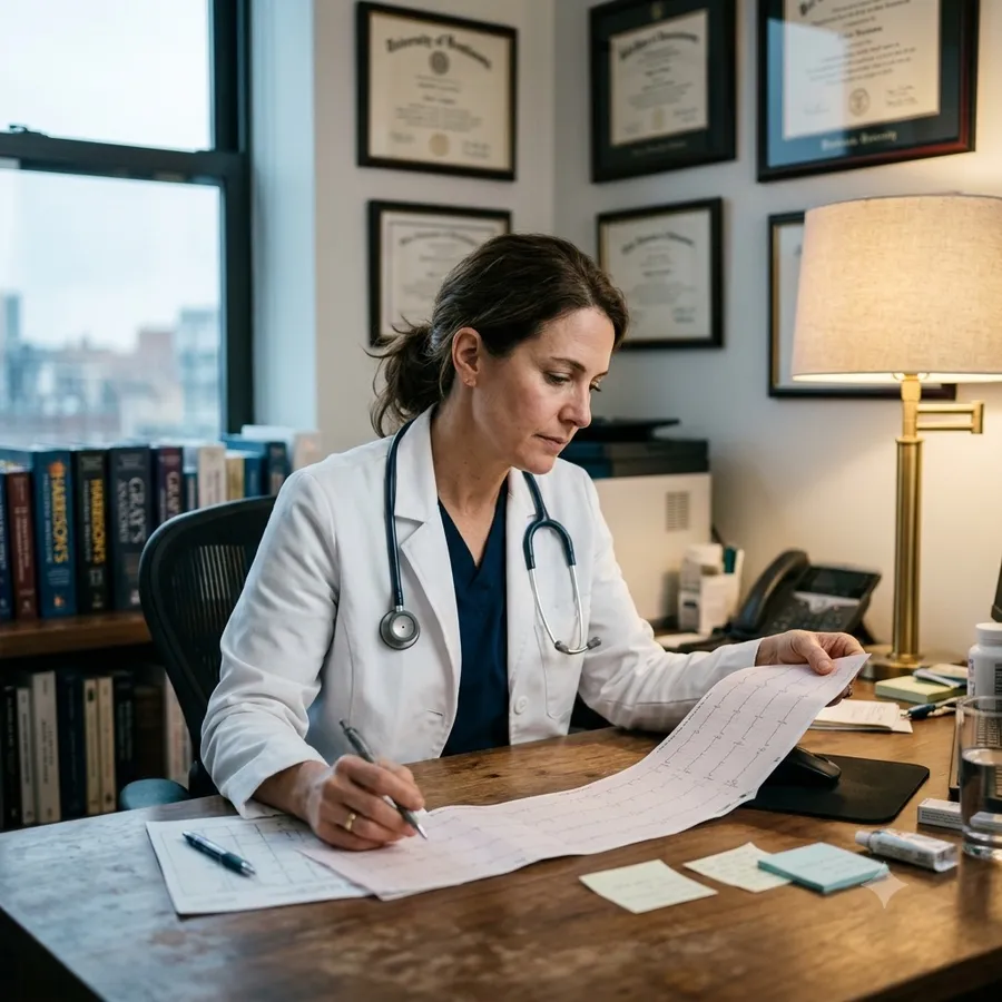 A cardiologist reading an ECG strip at a desk