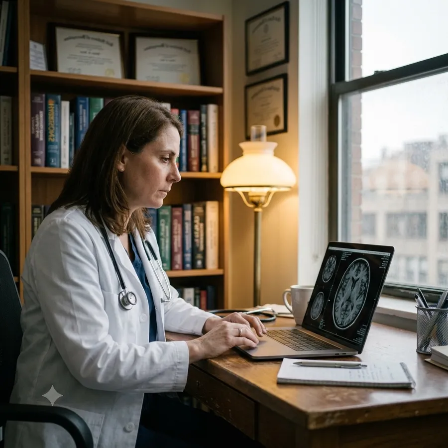 A neurologist reviewing brain imaging on a laptop