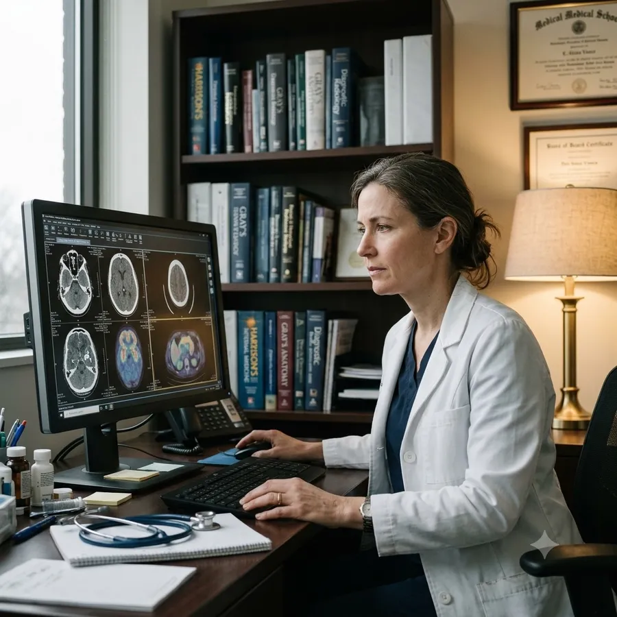 An oncologist reviewing brain scans on a monitor