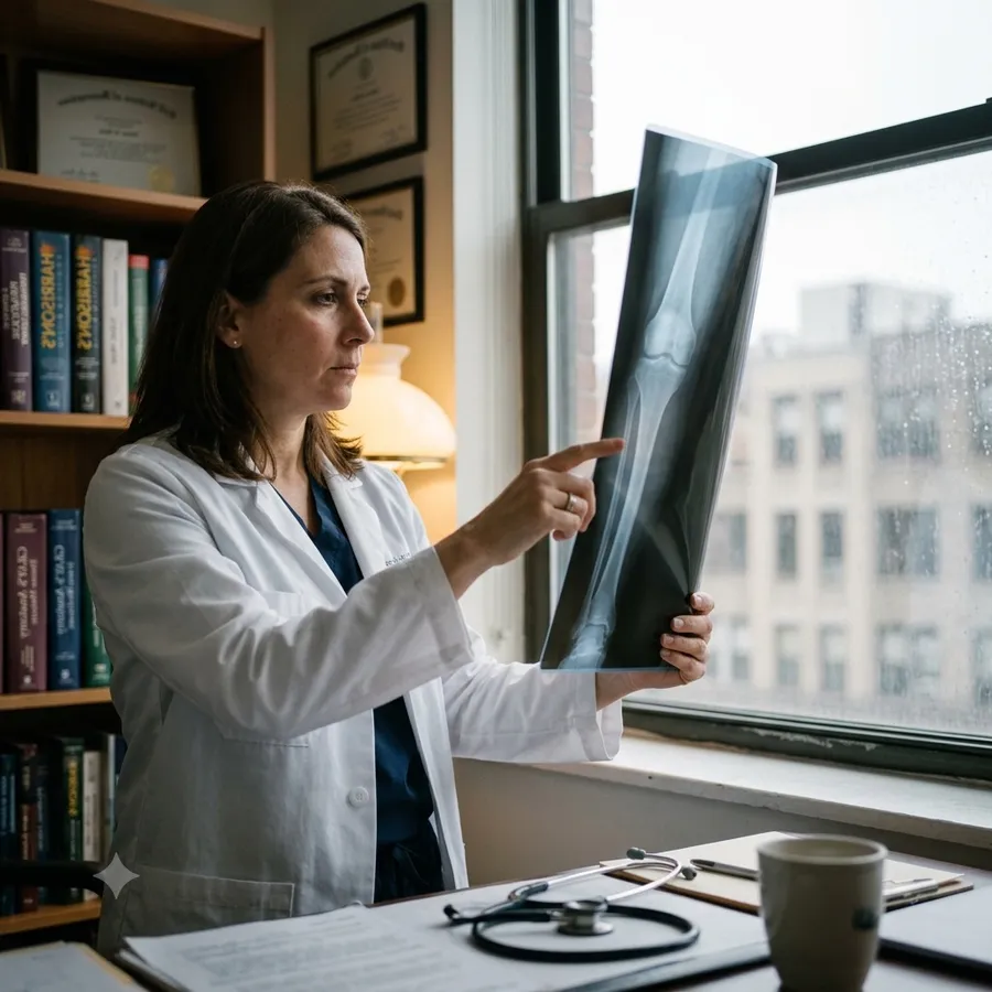 An orthopedic specialist examining an X-ray film